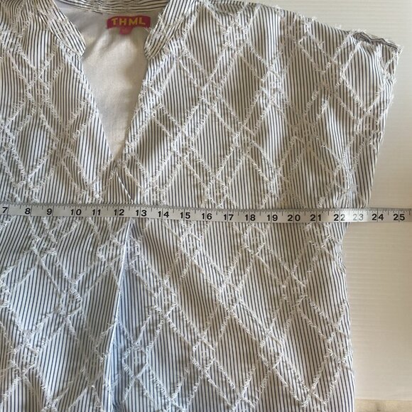 THML Striped Texture V‎ Neck Mini Dress Sz L Cotton Pockets Blue White Beach - Picture 12 of 12